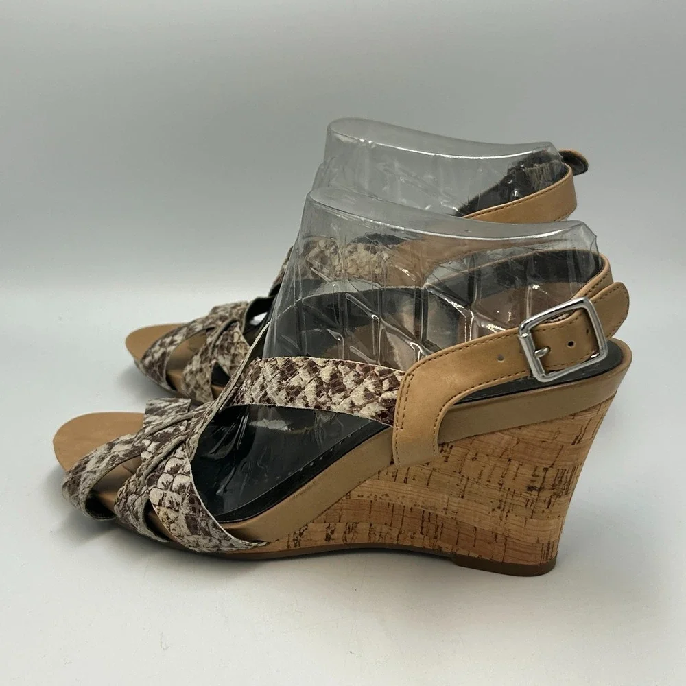 Naturalizer N5 Wedge Heel Sandal Brown Tan Snake Sandal Strappy Womens 9 Cork